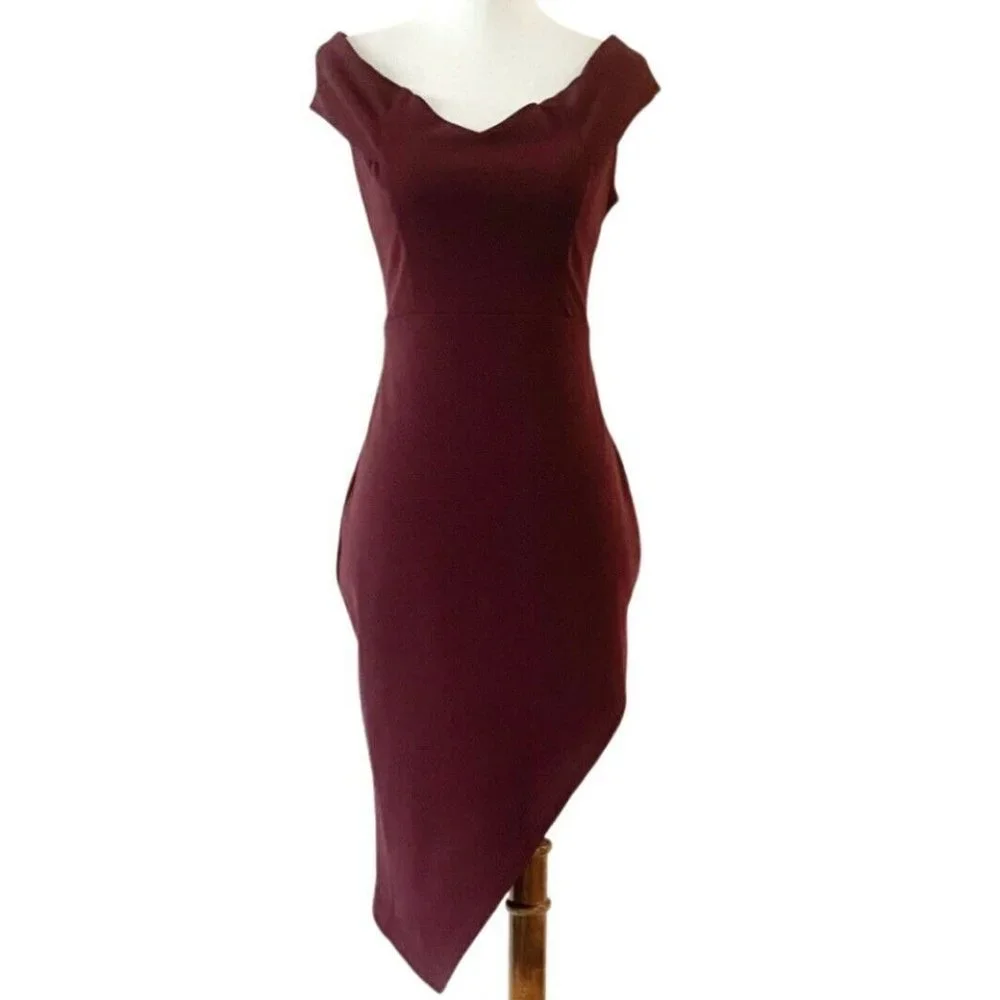 Fashion Nova Do Or Die Off the Shoulder Asymmetrical Sangria Knit Dress Size L - Picture 2 of 8